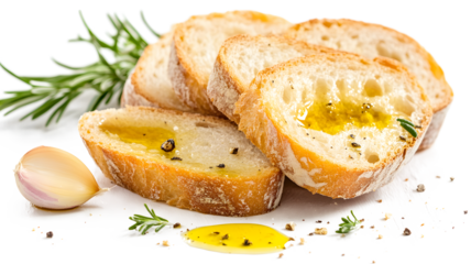 A close-up of bread with garlic and olive oil. The bread is cut into slices and has a garlic clove on top. The bread is accompanied by a small amount of olive oil and some herbs