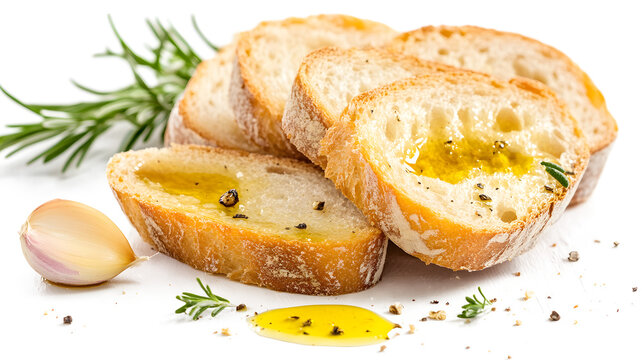 A close-up of bread with garlic and olive oil. The bread is cut into slices and has a garlic clove on top. The bread is accompanied by a small amount of olive oil and some herbs