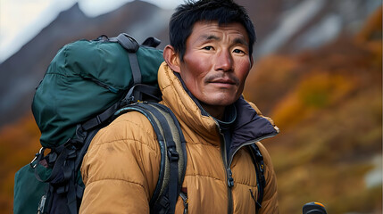 Portrait of a Weather-Beaten Man Hiking in the Himalayas During Autumn With a Backpack and Trekking Poles
