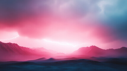 Vibrant pink lightning over serene mountain range at dusk with dramatic clouds and misty atmosphere