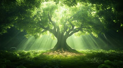Sunlit forest, large tree, glowing roots.