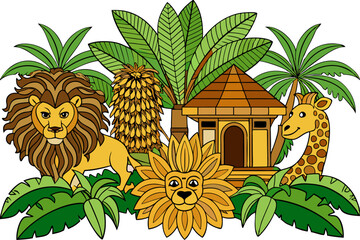 Obraz premium Toile tropical vintage botanical palm trees, banana tree, plants, lion, giraffe animal, pavilion seamless border white background. Graphic jungle mural Background.