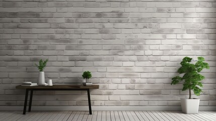 Minimalist Interior with White Brick Wall &ndash; Modern Background with Indoor Plants and Wooden Bench
