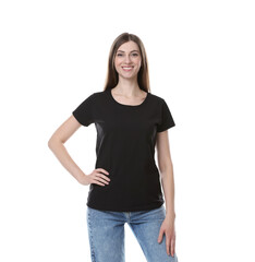 Obraz premium Woman wearing blank black t-shirt on white background. Mockup for design