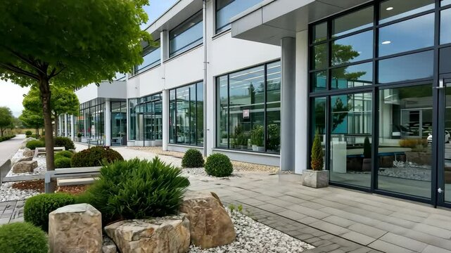 The exterior of a contemporary commercial building showcases stunning landscaping and sleek glass facades that enhance its appeal