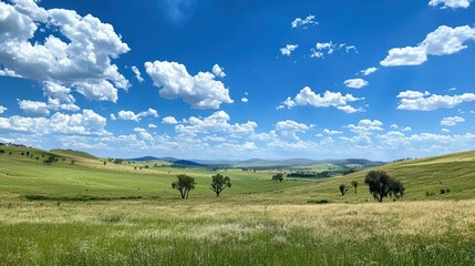 Rolling green hills, scattered trees, vibrant blue sky.