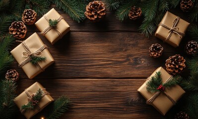 Rustic Christmas Holiday Scene with Gift Boxes Pine Cones and Fir Branches on Wooden Table