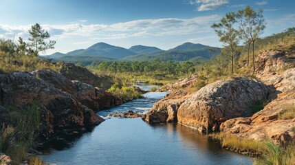Scenic River Flowing Through Rocky Landscape with Mountain Backdrop View