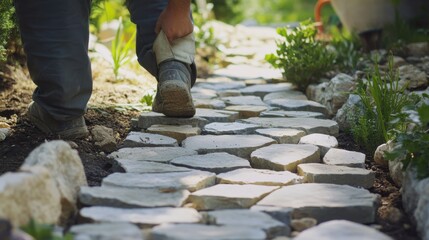 Hispanic mason restoring a stone pathway in a garden. Featuring masonry and outdoor restoration