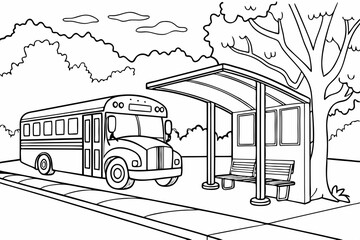 Coloring Pages, Bus Car parked at bus stop, uncolored, black and white