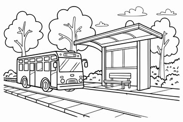 Obraz premium Coloring Pages, Bus Car parked at bus stop, uncolored, black and white