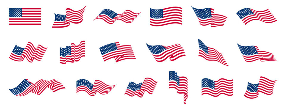 American flag set, USA waving flag collection, United States