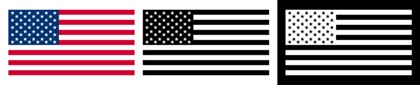 Black USA flag set, black and white American flag, US icon