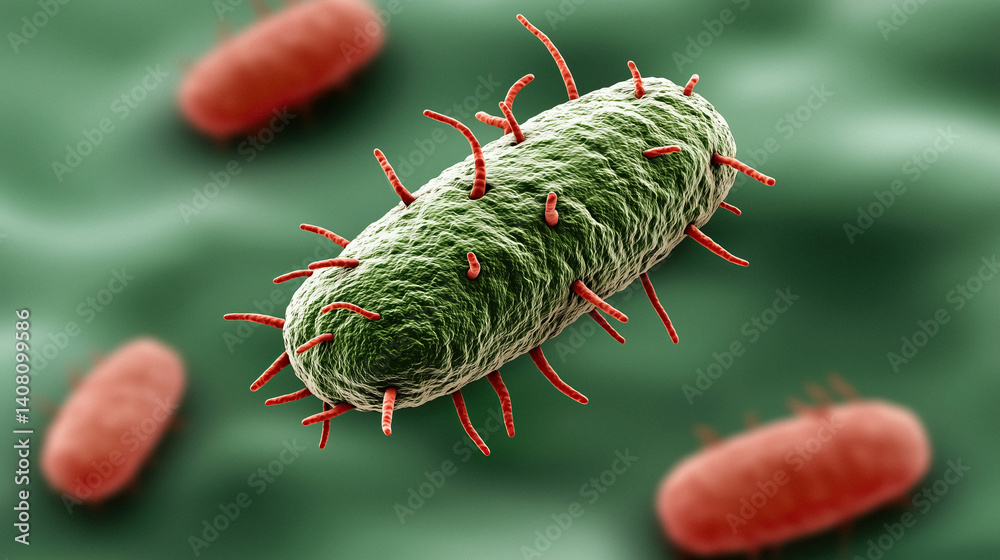 Poster high resolution microscopic structures of rod shaped bacteria cells in green
