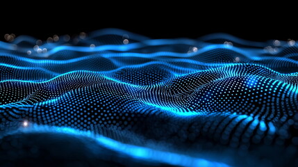 Abstract AI neural network visualization, glowing nodes, blue on black, soft blur 