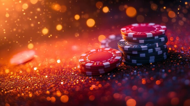 vivid casino chips dynamically floating,a colorful glowing background,stock image