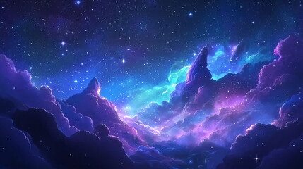 Cosmic nebula background, deep-space blues and purples with glowing stars
