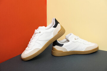 Pair of stylish sneakers on color background
