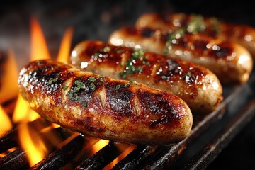 Delicious grilled sausages sizzling over hot coals.