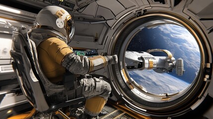 Astronaut working on a space station and observing a spaceship