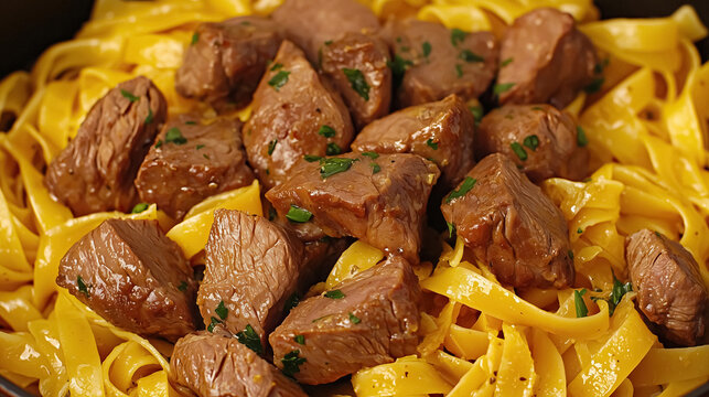 Close up of savory beef tips atop golden ribbon pasta garnished with fresh herbs ready to be savored