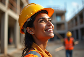Female architect wearing yellow construction helmet smiling, people working on a construction site.