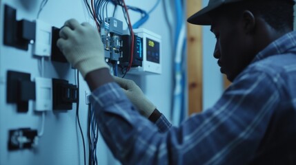 Electrician installing a smart home system. Featuring electrical expertise and modern tech