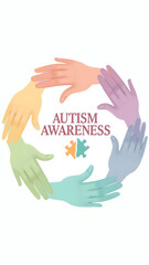 Pastel-colored hands circle "AUTISM AWARENESS" text. One hand has puzzle pieces in mint, sky blue, yellow. Serene mint gradient background. Gentle and hopeful.