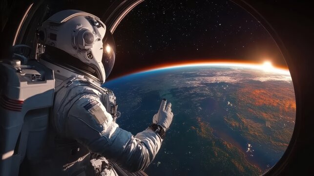 Astronaut observing earth from space station window at sunrise - Powered by Adobe