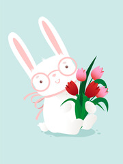 White rabbit with spring flower. Cute kids book illustration.  Spring time. Congratulation card.