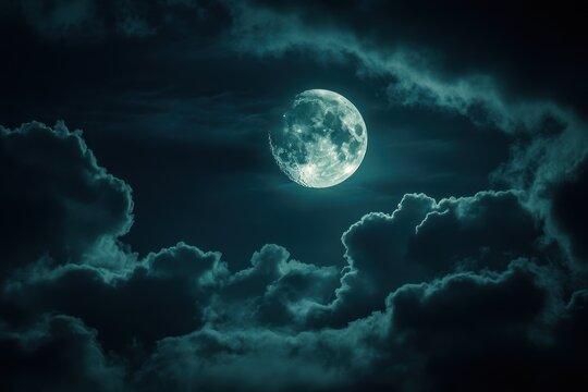 Full moon shines brightly in a dark night sky surrounded by clouds.