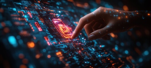 Futuristic Digital Cyberpunk Interface with Holographic Download Icon and Hand Interaction