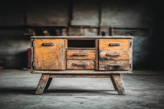 Vintage wooden dresser with multiple drawers in an industrial setting