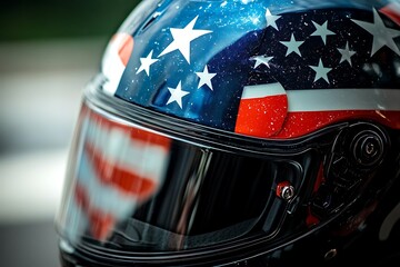 Fototapeta premium Close-up view of a stylish motorcycle helmet designed with an American flag motif, showcasing vibrant colors and sleek design.
