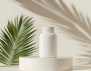 White supplement bottle mockup on a podium with a light beige background and a palm leaf. Minimalistic style