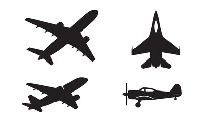 Set of vector airplane icons including various aircraft silhouettes, designed for travel, aviation, and transportation themes
