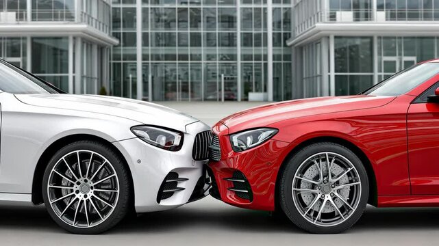 The luxury car comparison highlights stunning white and red models, beautifully displayed in a contemporary urban environment under the bright daylight