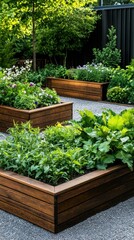 Wooden planters overflowing with lush greenery.