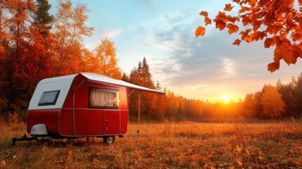 A picturesque autumn scene showcasing a vintage red caravan parked on the vibrant orange foliage, reflecting the warmth and beauty of the seasonal transition.