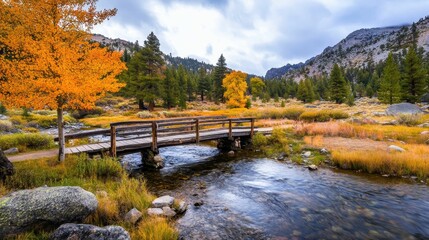Fototapeta premium Wooden bridge, stream, autumn leaves, mountains, tranquil scene.