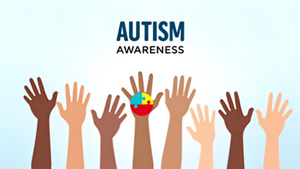 Obraz premium Raised hands in diverse skin tones with a puzzle-piece-adorned center hand. 