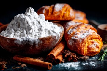 Freshly baked pastries beside a bowl of flour and aromatic spices on a dark kitchen countertop