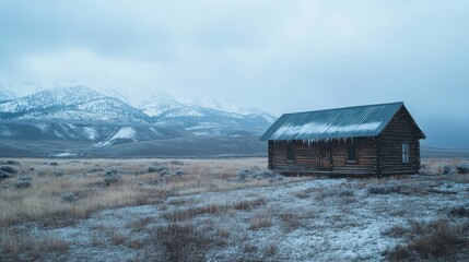 Icy cabin, snow-dusted field, distant mountains.