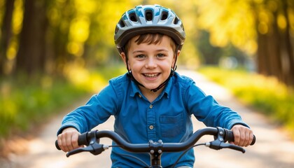 Naklejka premium Smiling boy wearing helmet sitting on bicycle outdoors in park