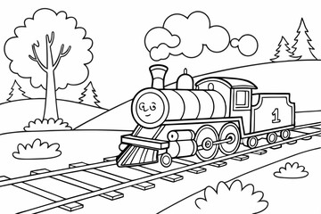 Coloring Pages, Train running on tracks, uncolored, black and white