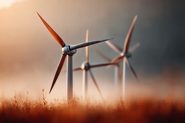 Wind turbines stand tall at sunrise in a misty landscape, showcasing renewable energy in action