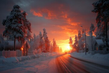 Winter sunset over a snow-covered road with frosty trees illuminating a tranquil evening atmosphere