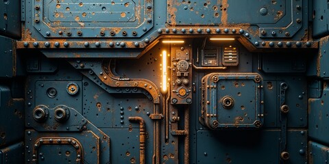 Fototapeta premium Detailed steampunk-inspired metal paneling with rust and glowing light accents and design.