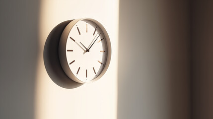 Minimalist clock on wall with sunlight casting shadow at ten past ten