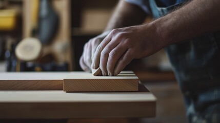Carpenter sanding a wooden shelf in a workshop. Featuring precision and craftsmanship